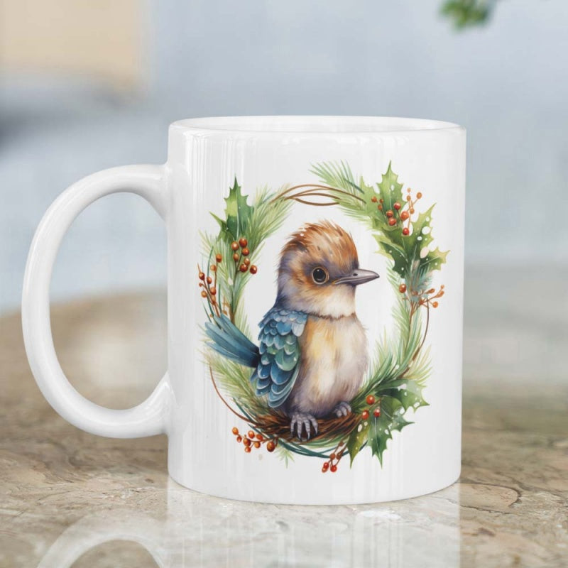 Tailorly White Ceramic 11 oz Mug - Hand Painted Watercolor Style Within Green Leaves And Red Berries Wreath Bird