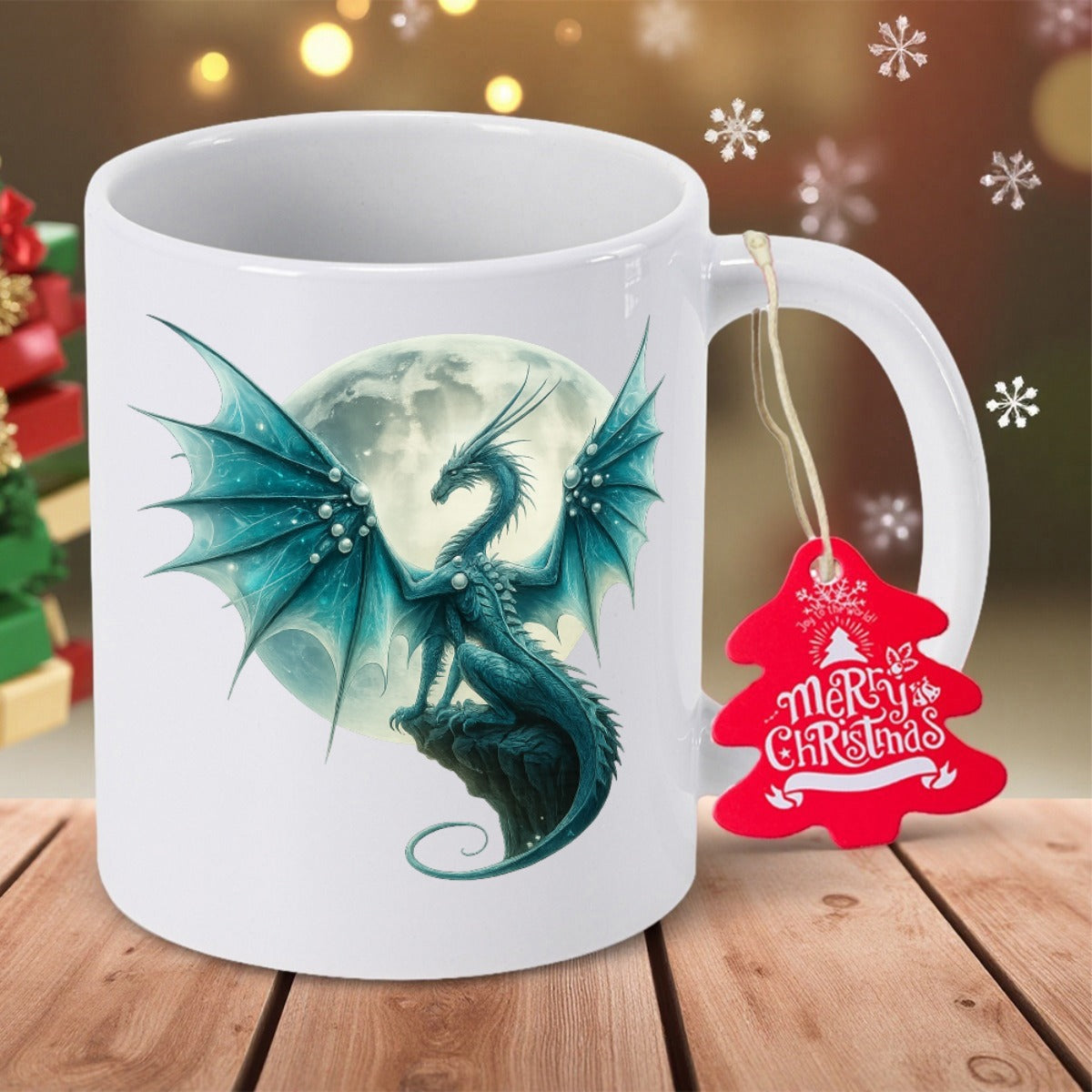Tailorly White Ceramic 11 oz Mug - Merry Christmas Majestic Teal Creature Perched On Rock Under Luminous Full Moon Dragon