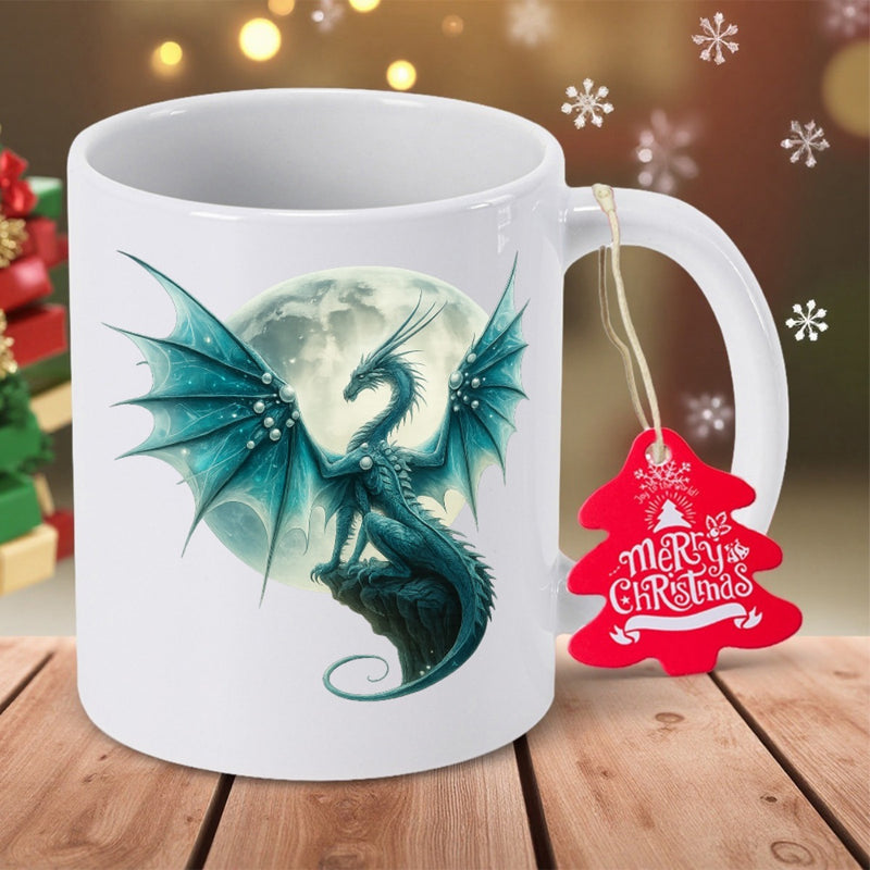 Tailorly White Ceramic 11 oz Mug - Merry Christmas Majestic Teal Creature Perched On Rock Under Luminous Full Moon Dragon