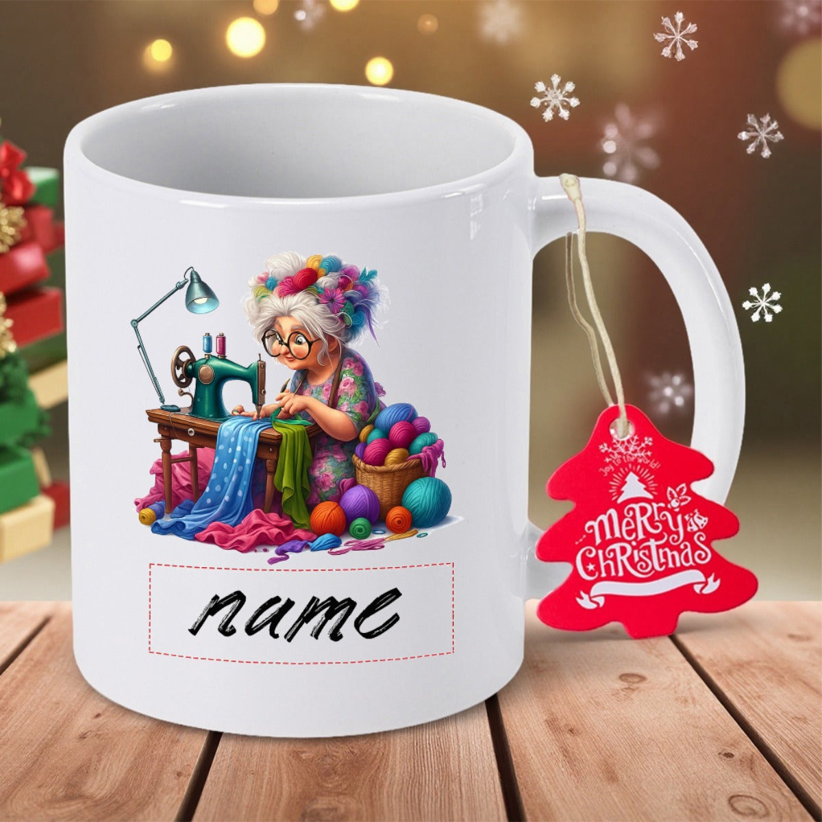 Tailorly White Ceramic 11 oz Mug - Merry Christmas Gentle Elderly Woman Sewing On Vintage Machine With Colorful Yarn Seamstress