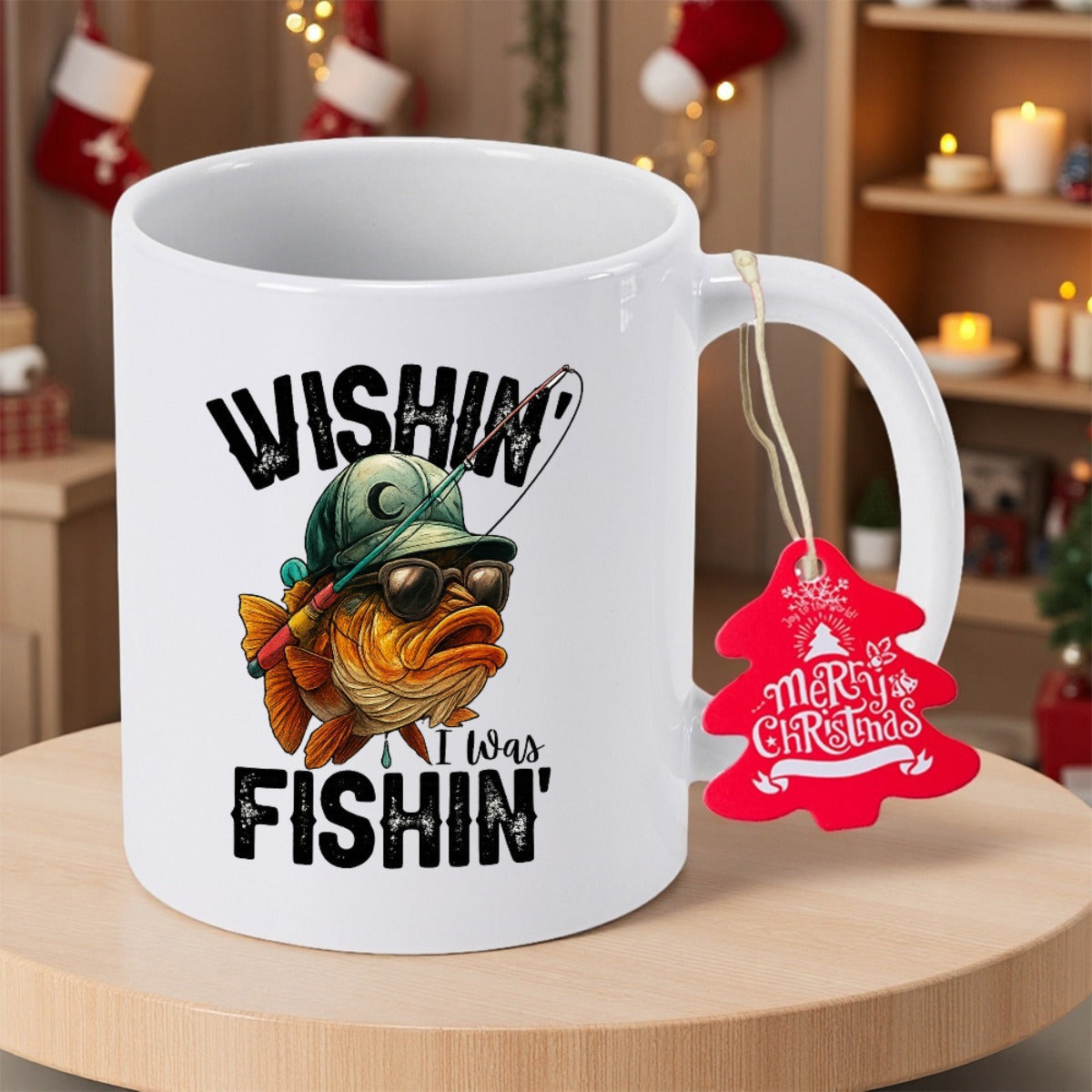 Tailorly White Ceramic 11 oz Mug - Wishin I Was Fishin Funny Cartoon Character Wearing Sunglasses And Hat Holding Rod Fish