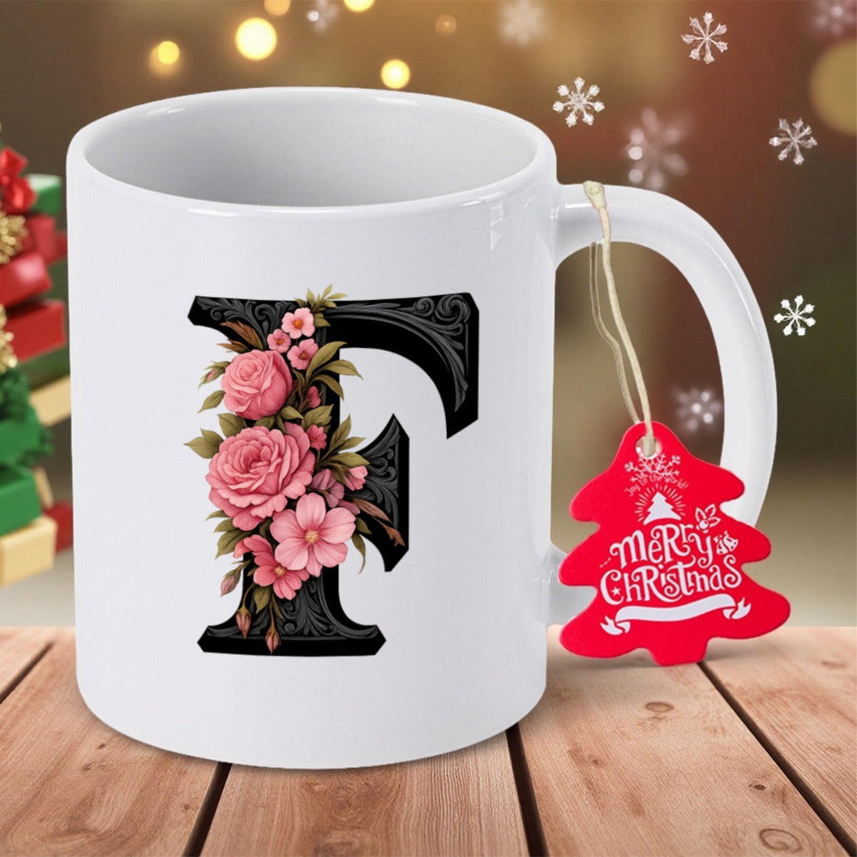 Tailorly White Ceramic 11 oz Mug - Merry Christmas Elegant Black Serif Character Adorned With Blooming Pink Roses Letter
