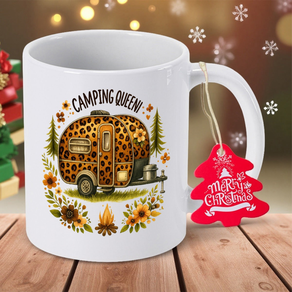 Tailorly White Ceramic 11 oz Mug - Camping Queen Leopard Print Pattern With Pine Trees Flowers And Burning Campfire Outdoor Trailer
