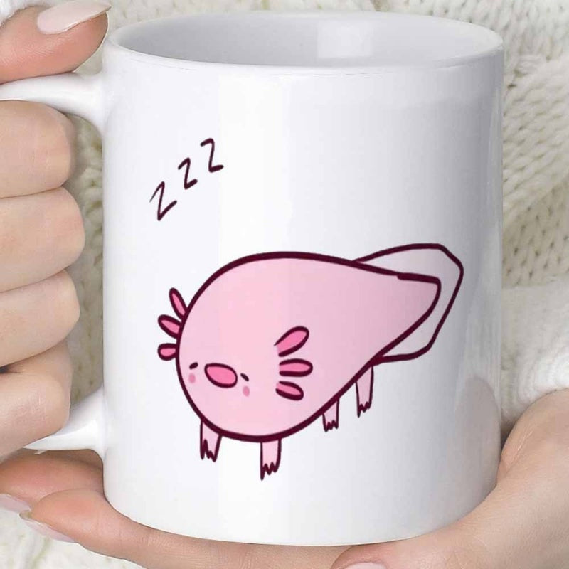 Tailorly White Ceramic 11 oz Mug - Zzz Cute Hand Drawn Pink Cartoon Creature Resting In Sleep Axolotl