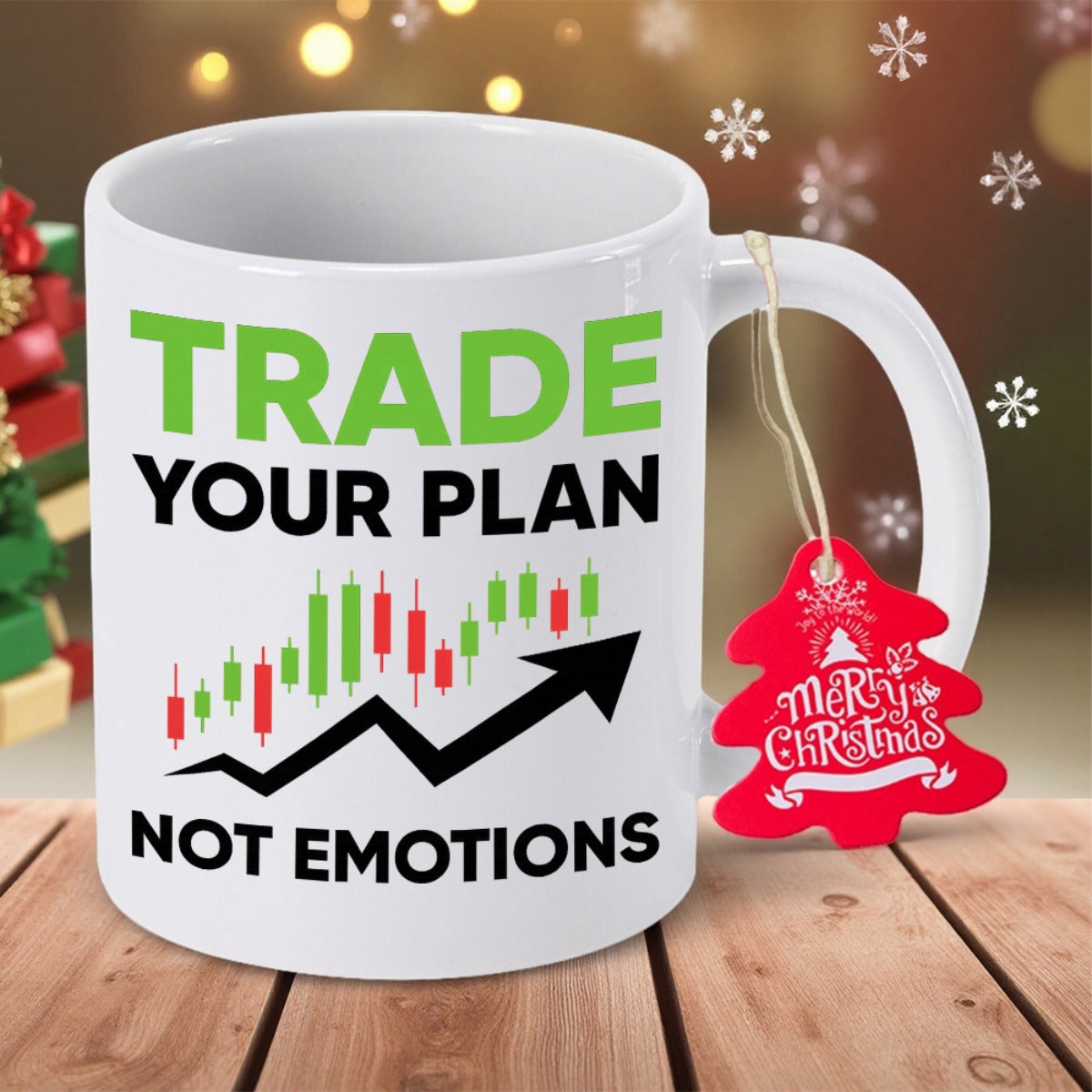 Tailorly White Ceramic 11 oz Mug - Trade Your Plan Not Emotions Financial Candlestick Chart Showing Upward Trend With A Bold Black Rising Arrow