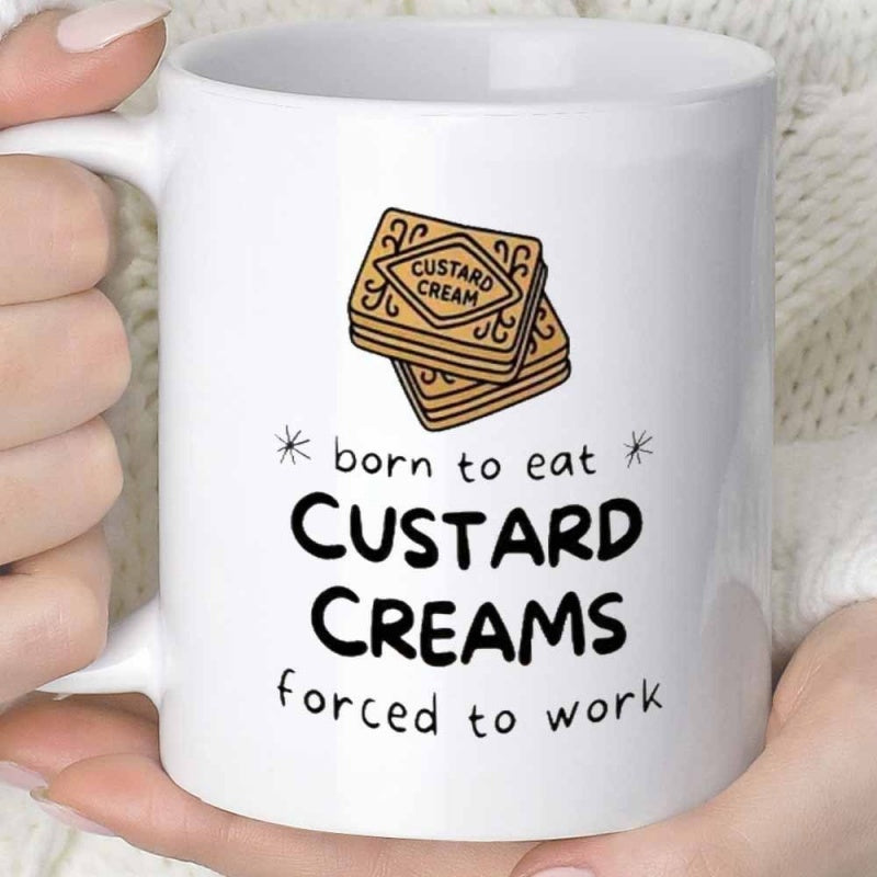 Tailorly White Ceramic 11 oz Mug - Born To Eat Custard Creams Forced To Work Stacked Golden Sweet Biscuits Featuring Intricate Traditional Victorian Scrollwork