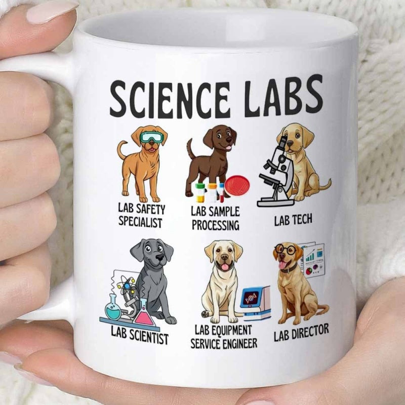 Tailorly White Ceramic 11 oz Mug - Science Labs Six Cute Labrador Dogs Dressed As Scientists Working In Research Laboratory Dog