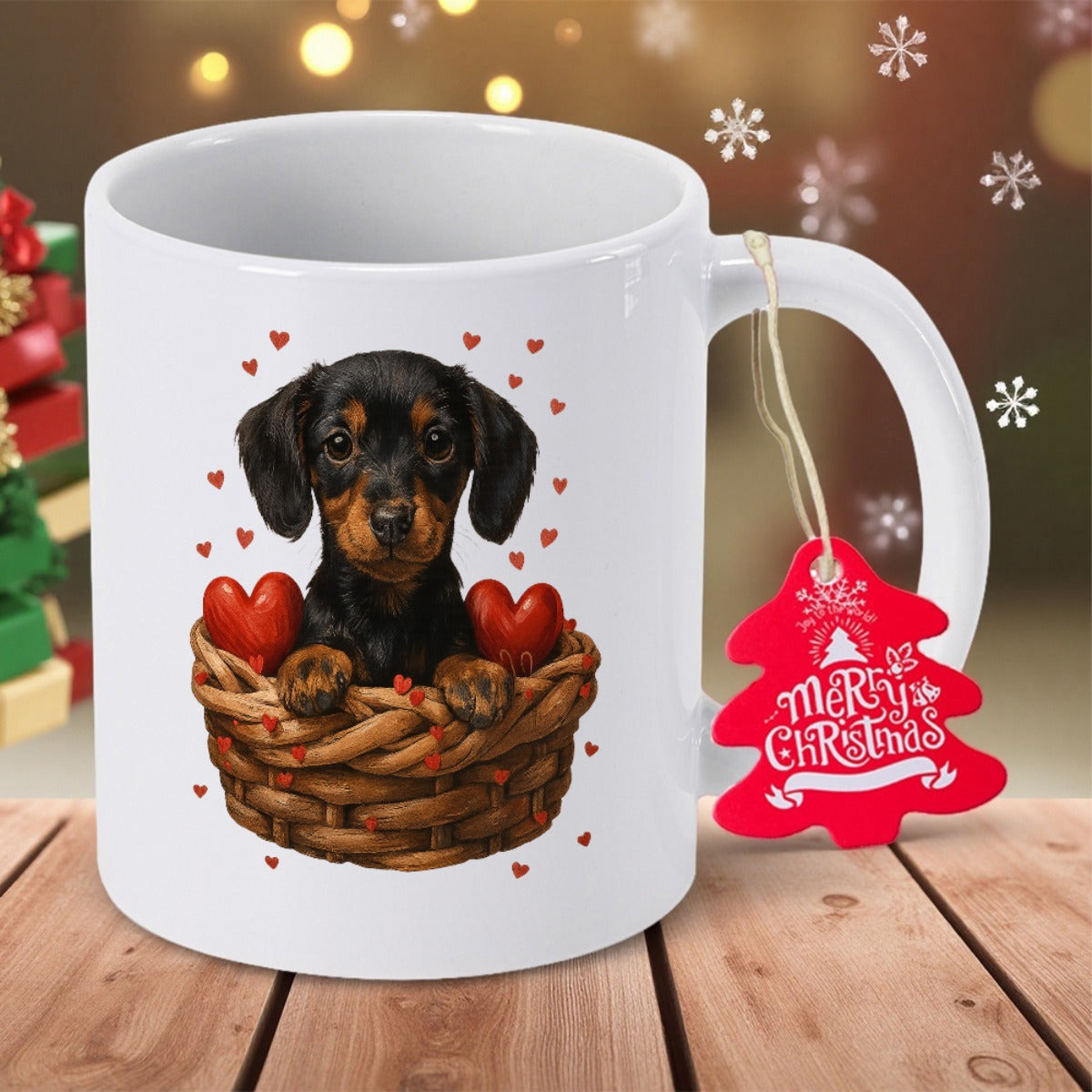 Tailorly White Ceramic 11 oz Mug - Merry Christmas Charming Black And Tan Puppy Sitting Inside Woven Basket Surrounded By Hearts Dachshund
