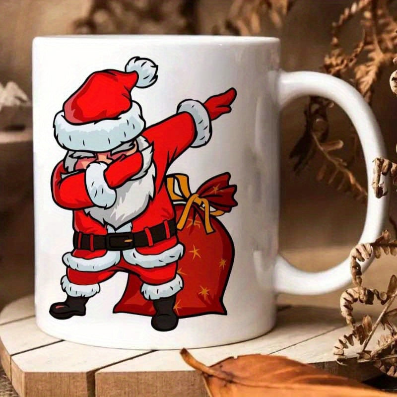 Tailorly White Ceramic 11 oz Mug - Cartoon Character Dabbing Beside A Large Red Festive Gift Bag Santa Claus