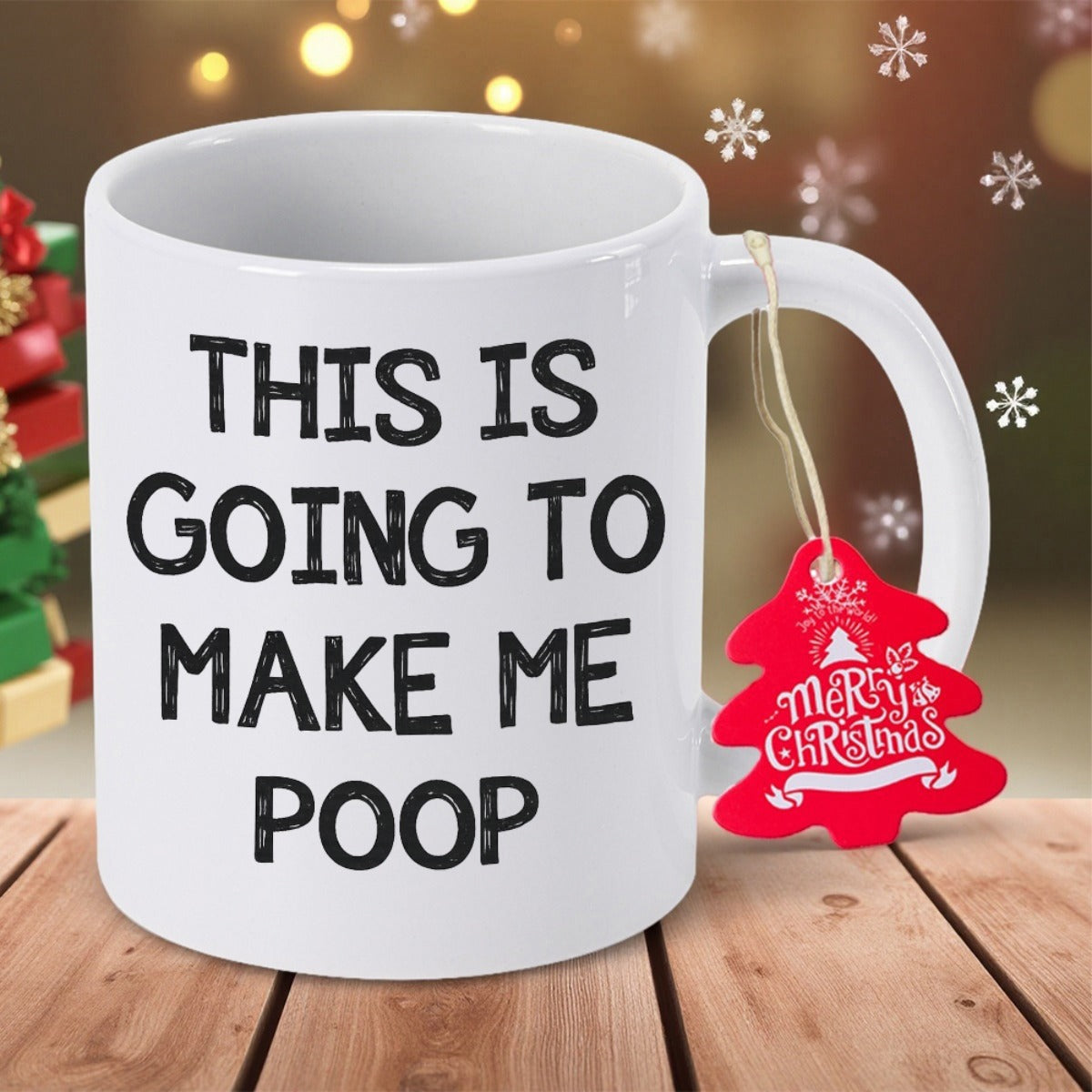 Tailorly White Ceramic 11 oz Mug - This Is Going To Make Me Poop Merry Christmas Smooth Featuring Bold Black Minimalist Letters Written Across Center Mug