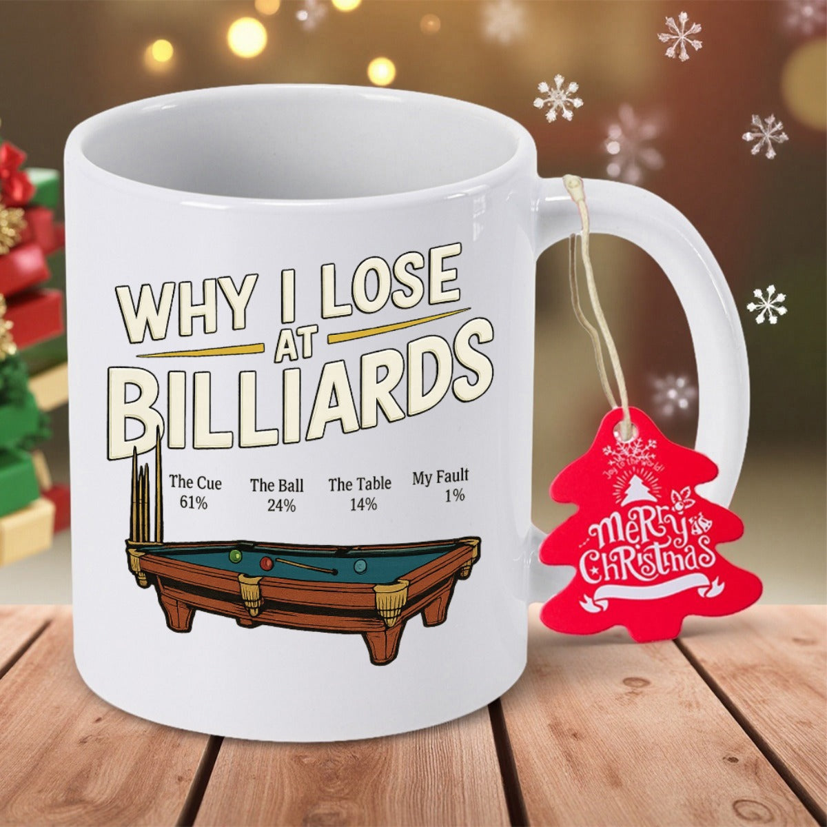 Tailorly White Ceramic 11 oz Mug - Why I Lose At Billiards Professional Competition Pool Table With Cues And Multiple Small Billiards