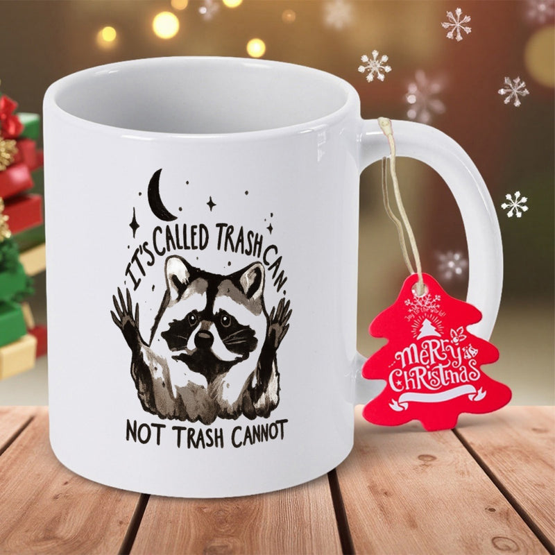 Tailorly White Ceramic 11 oz Mug - Its Called Trash Can Not Trash Cannot Whimsical Hand Drawn Night Sky Moon Stars Humorous Wildlife Animal Portrait Raccoon