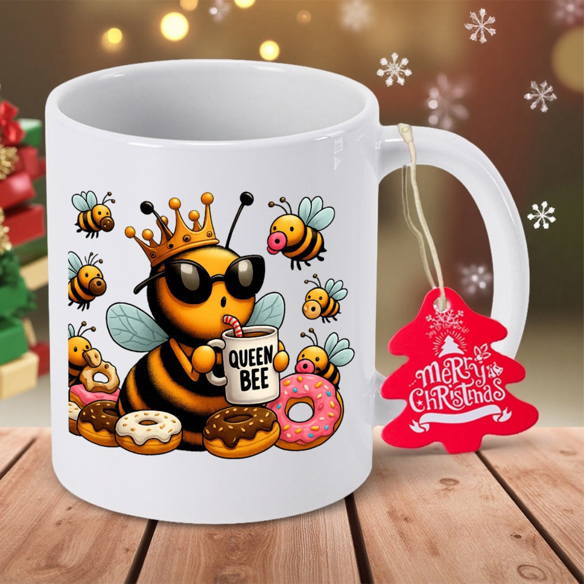 Tailorly White Ceramic 11 oz Mug - Queen Bee Majestic Cartoon Wearing Crown Among Colorful Sweet Glazed Donuts Bee