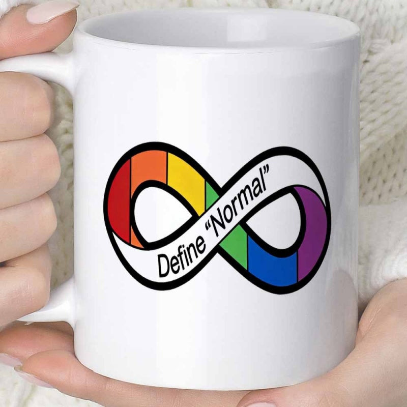 Tailorly White Ceramic 11 oz Mug - Define Normal Vibrant Rainbow Infinity Symbol Decorated With Bold Black Borders And Words Symbol