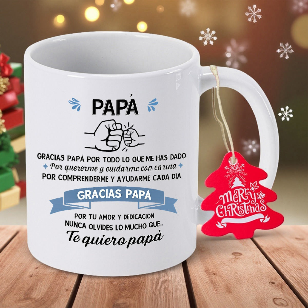 Tailorly White Ceramic 11 oz Mug - Merry Christmas Father And Child Touching Hands In Solid Bond Fist Bump