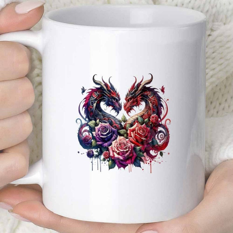 Tailorly White Ceramic 11 oz Mug - Intricately Detailed Dual Dragons Facing Each Other Above Elegant Blooming Roses Dragon