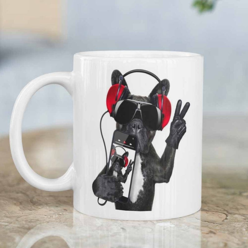 Tailorly White Ceramic 11 oz Mug - Cool Black French Bulldog With Red Headphones Taking A Selfie Portrait Bulldog