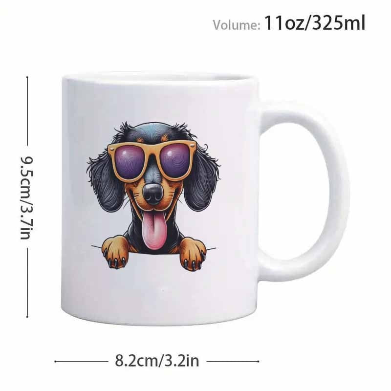 Tailorly White Ceramic 11 oz Mug - Adorable Cartoon Long Haired Dachshund Wearing Colorful Sunglasses Resting Paws Dog