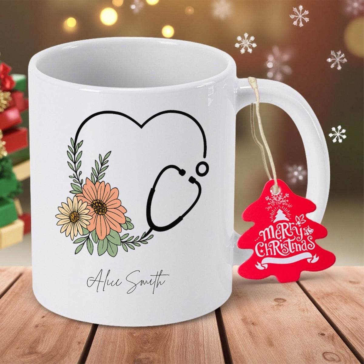 Tailorly White Ceramic 11 oz Mug - Alice Smith Merry Christmas Heart Shaped Design With Floral Blossoms And Elegant Botanical Leaves Stethoscope