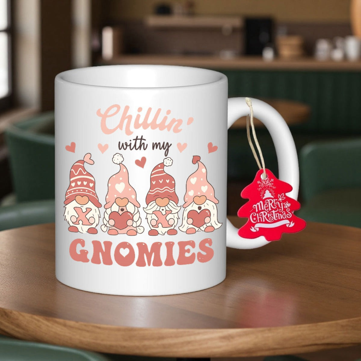 Tailorly White Ceramic 11 oz Mug - Chillin With My Gnomies Four Adorable Festive Gnomes Wearing Patterned Pointy Hats Gnomes