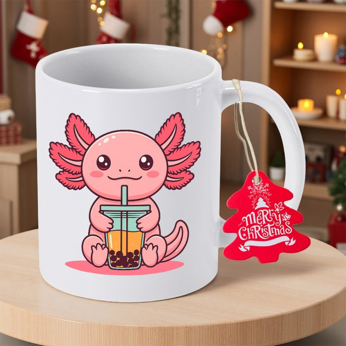 Tailorly White Ceramic 11 oz Mug - Merry Christmas Adorable Pink Creature Sitting And Holding Delicious Boba Tea Axolotl