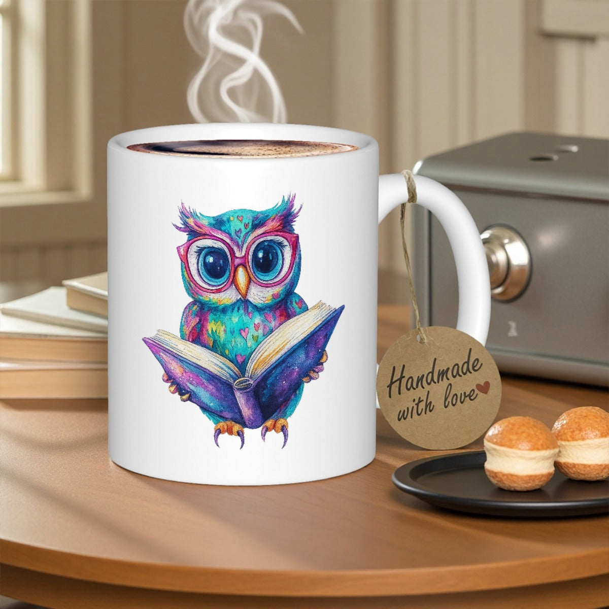 Tailorly White Ceramic 11 oz Mug - Colorful Watercolor Artistic Design With Pink Glasses Reading An Open Book Owl