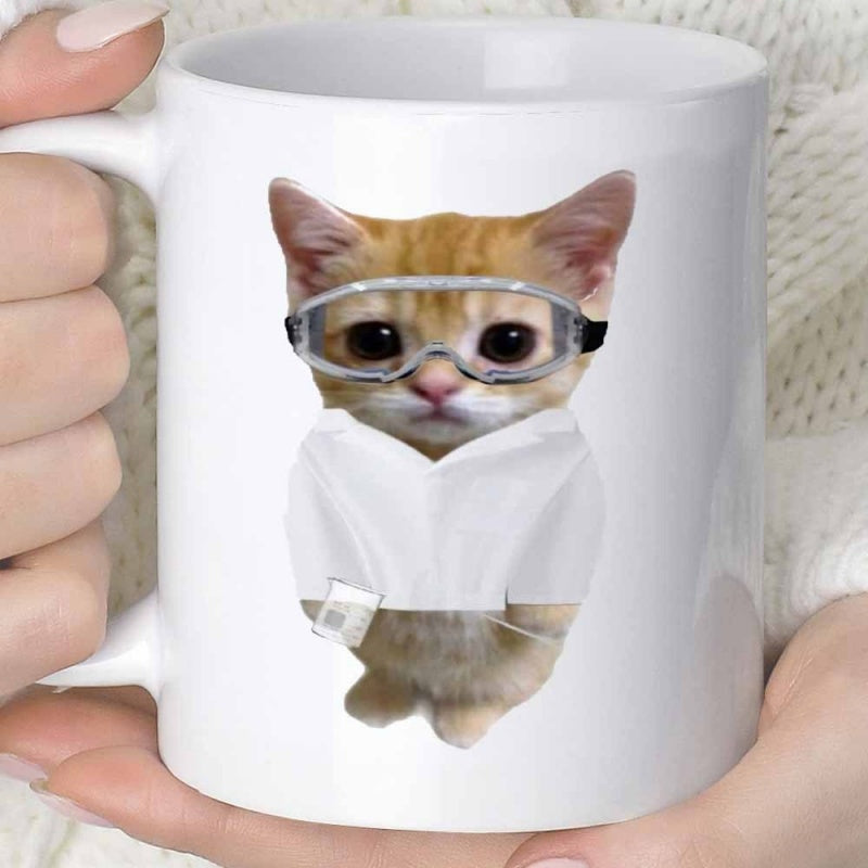 Tailorly White Ceramic 11 oz Mug - Cute Orange Tabby Wearing Clear Protective Goggles And A White Professional Lab Coat Cat