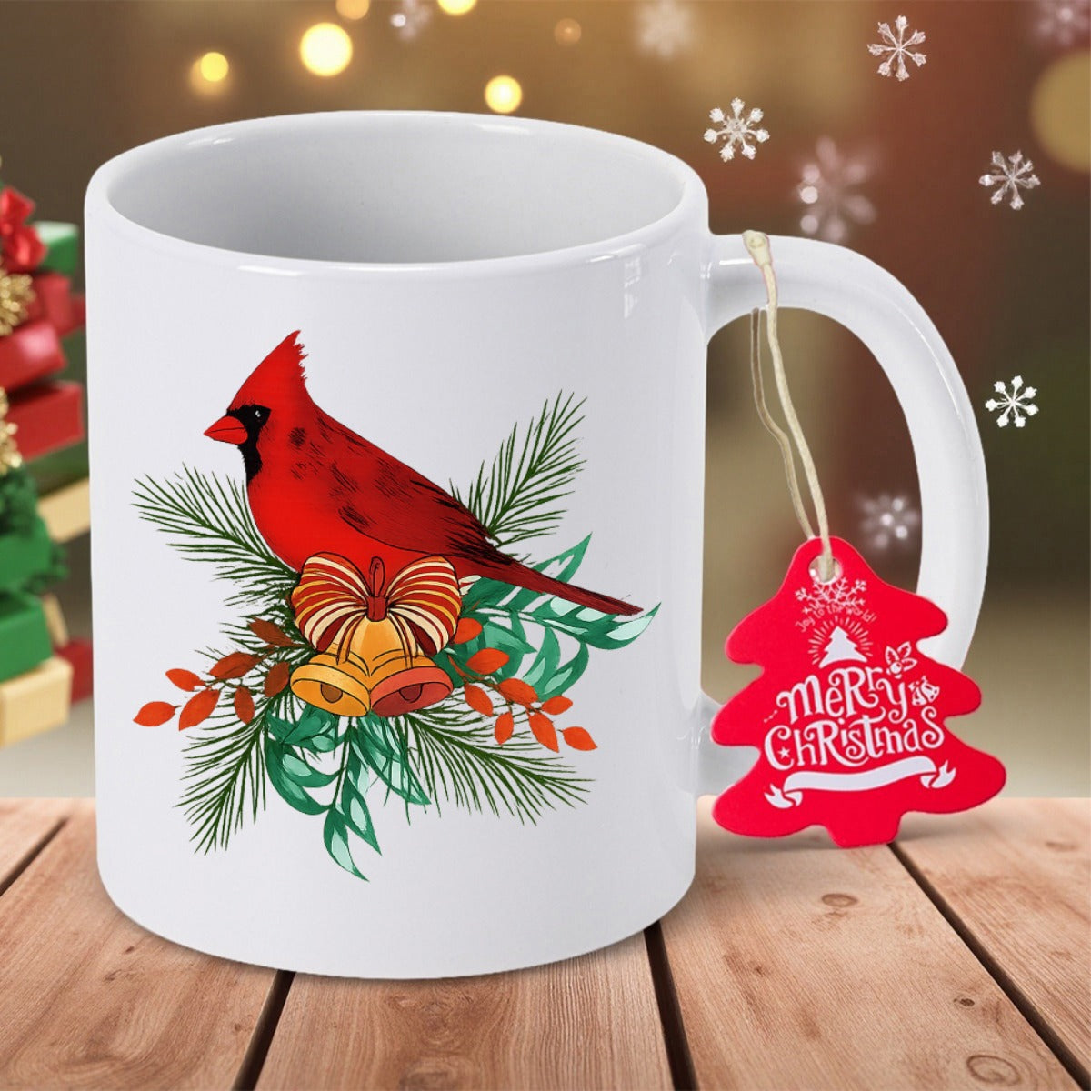 Tailorly White Ceramic 11 oz Mug - Merry Christmas Vibrant Red Bird Perched On Evergreen Branches With Golden Bells Cardinal