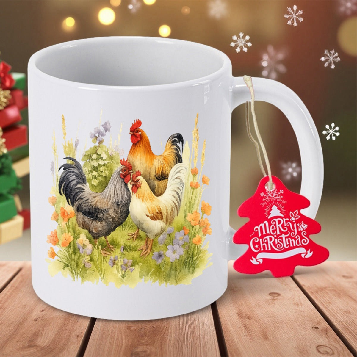 Tailorly White Ceramic 11 oz Mug - Merry Christmas Three Colorful Roosters Standing In A Sunny Meadow With Wildflowers Rooster
