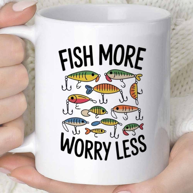 Tailorly White Ceramic 11 oz Mug - Fish More Worry Less Vibrant Colorful Tackle Designs Swimming Among Decorative Sharp Hook Patterns Lure