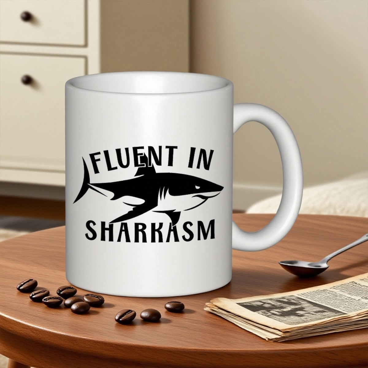 Tailorly White Ceramic 11 oz Mug - Fluent In Sharkasm Sleek Black And White Predator Silhouette Swimming Gracefully Shark