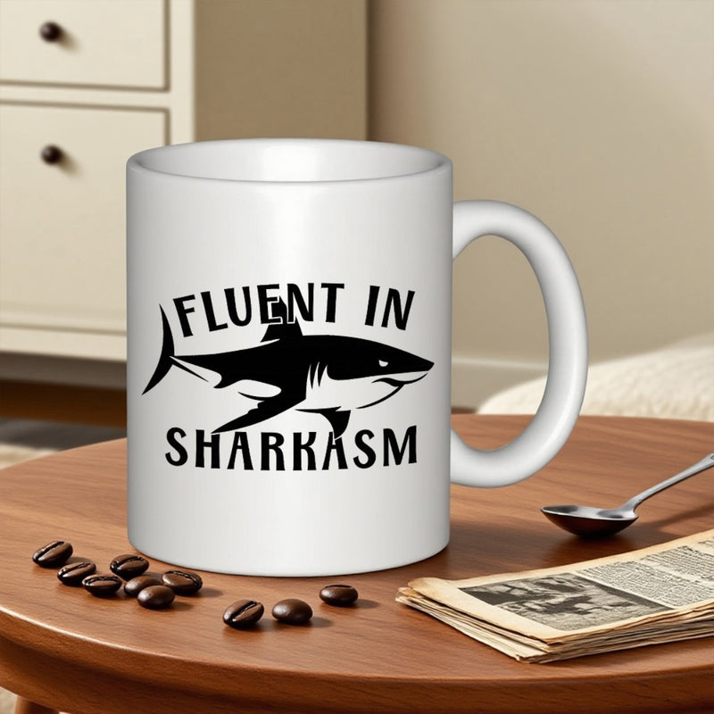 Tailorly White Ceramic 11 oz Mug - Fluent In Sharkasm Sleek Black And White Predator Silhouette Swimming Gracefully Shark