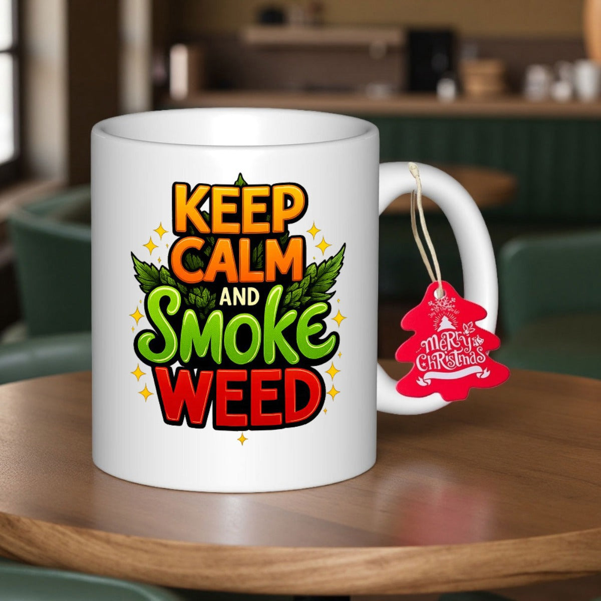 Tailorly White Ceramic 11 oz Mug - Keep Calm And Smoke Weed Stylized Botanical Leaves Surrounded By Vibrant Golden Sparkles And Stars Marijuana