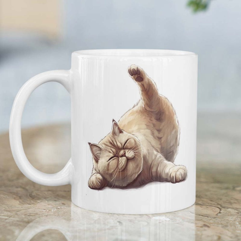 Tailorly White Ceramic 11 oz Mug - Cute Fluffy Ginger Stretching Its Body With Leg Raised Cat