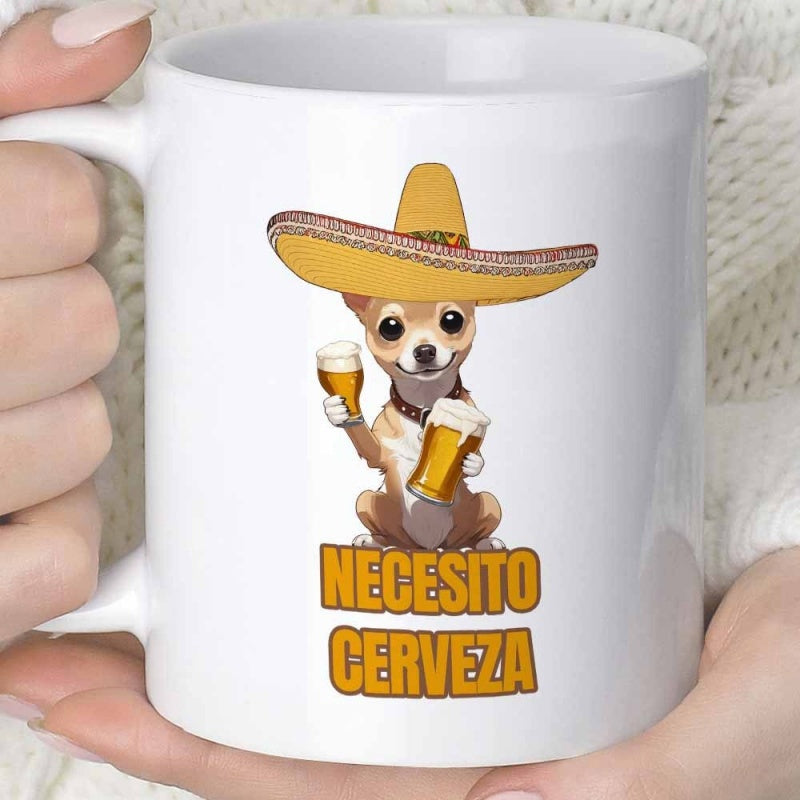 Tailorly White Ceramic 11 oz Mug - Cute Brown Dog Wearing Traditional Mexican Hat Holding Two Beer Mugs Chihuahua
