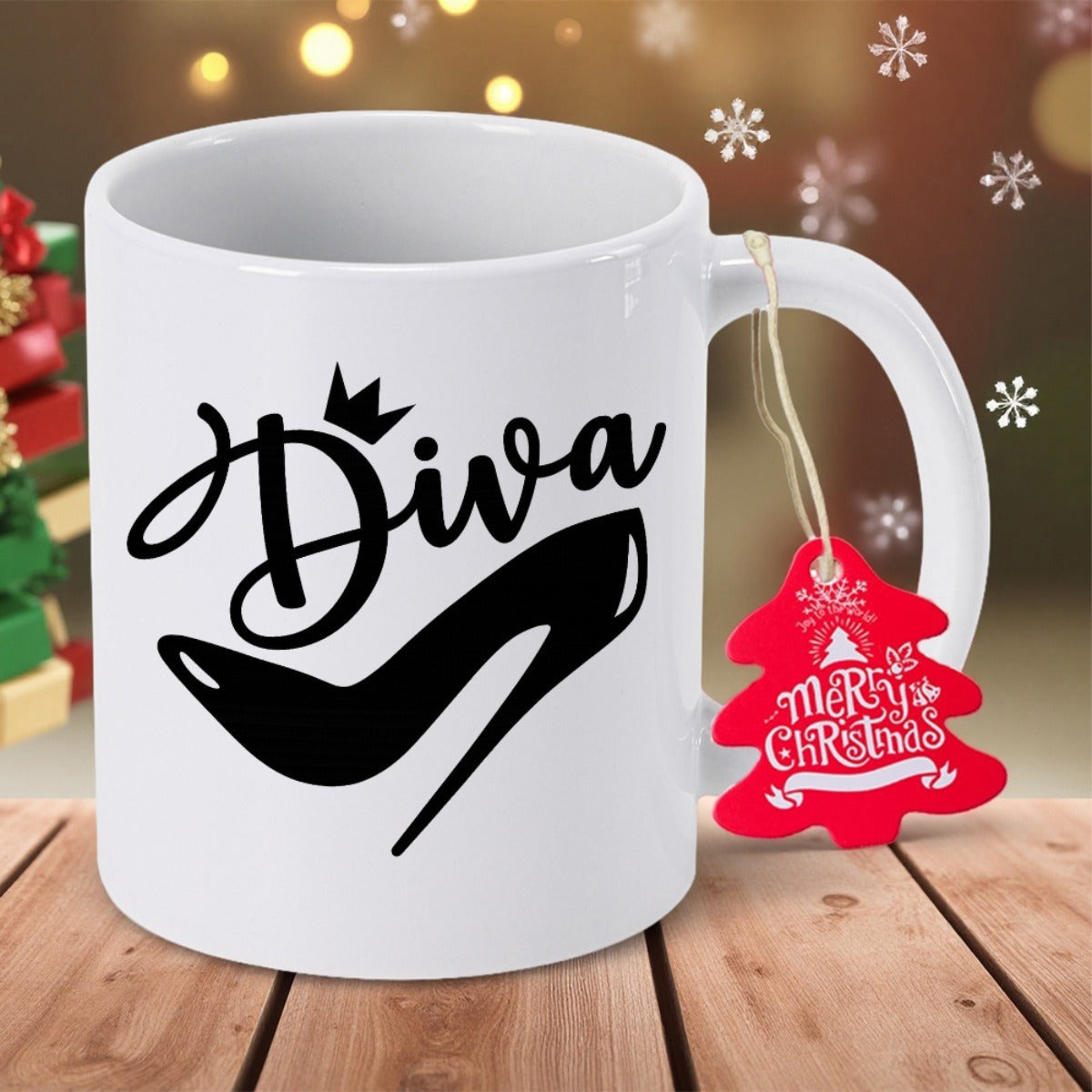 Tailorly White Ceramic 11 oz Mug - Diva Elegant Black Silhouette Featuring A Majestic Crown And Stylish Stiletto High Heel Shoe