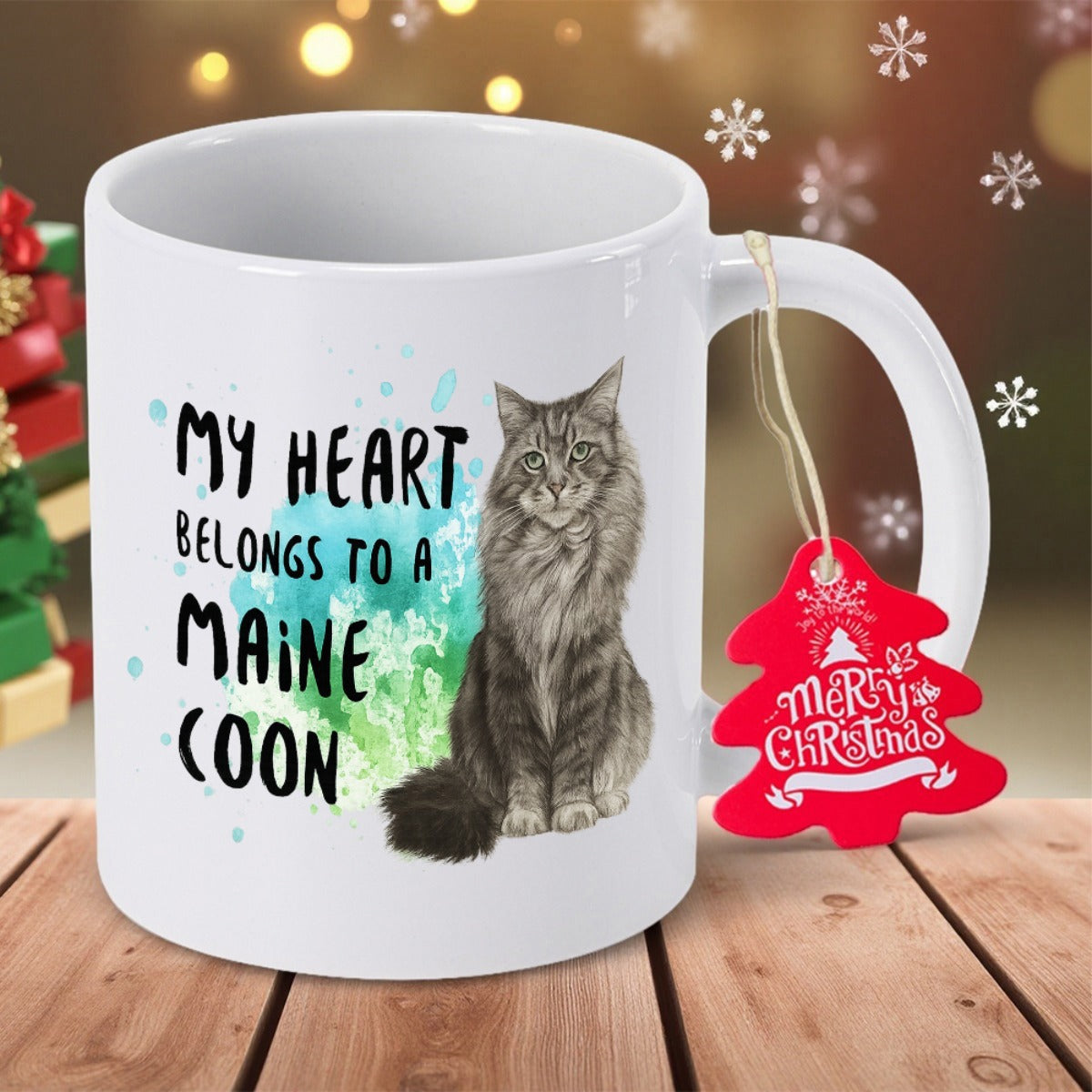 Tailorly White Ceramic 11 oz Mug - My Heart Belongs To A Maine Coon Merry Christmas Beautiful Fluffy Long Haired Cat Sitting Beside Colorful Watercolor Splash Cat