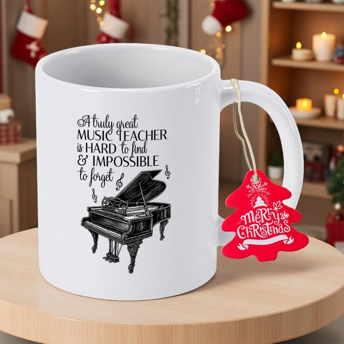 Tailorly White Ceramic 11 oz Mug - A Truly Great Music Teacher Is Hard To Find And Impossible To Forget Elegant Classic Grand Piano Surrounded By Floating Black