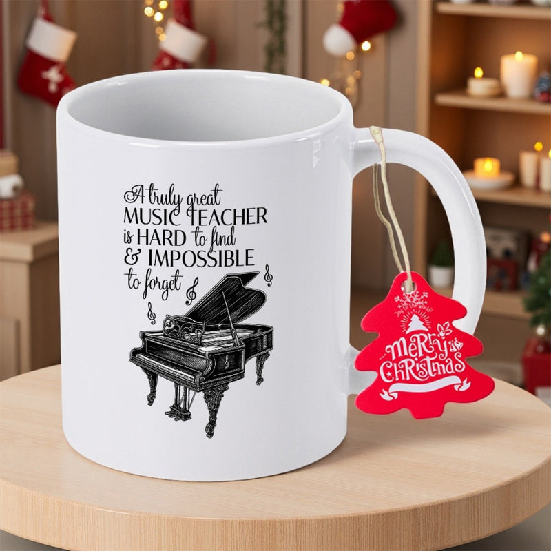 Tailorly White Ceramic 11 oz Mug - A Truly Great Music Teacher Is Hard To Find And Impossible To Forget Elegant Classic Grand Piano Surrounded By Floating Black
