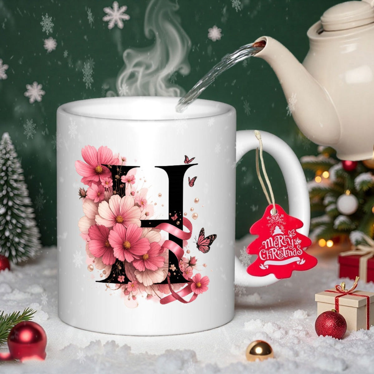 Tailorly White Ceramic 11 oz Mug - H Blooming Pink Flowers And Butterflies Decorated With A Satin Ribbon Letter