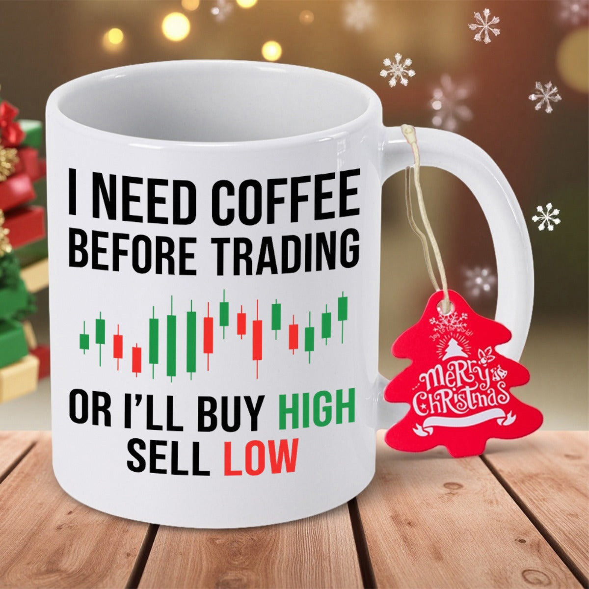 Tailorly White Ceramic 11 oz Mug - I Need Coffee Before Trading Or I'll Buy High Sell Low Minimalist Green And Red Stock Market Candlestick Chart Mug
