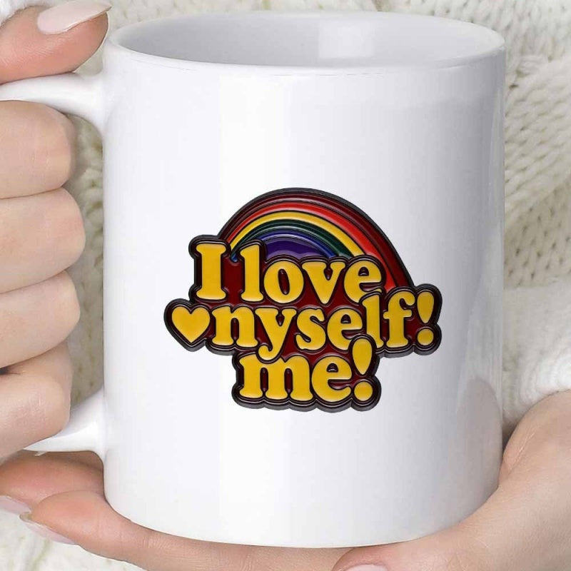 Tailorly White Ceramic 11 oz Mug - I Love Myself Me Vibrant Retro Colors Forming A Colorful Arched Bridge Under A Heart Rainbow
