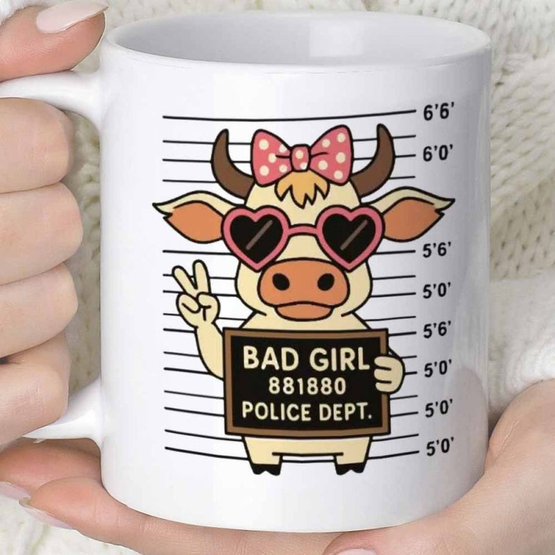Tailorly White Ceramic 11 oz Mug - Bad Girl Police Dept Cute Cartoon Heifer With Heart Sunglasses And Pink Bow Holding Mugshot Cow