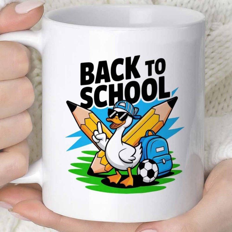 Tailorly White Ceramic 11 oz Mug - Back To School Cool Cartoon Character Wearing Sunglasses Among Large Pencils And Blue Backpack Duck