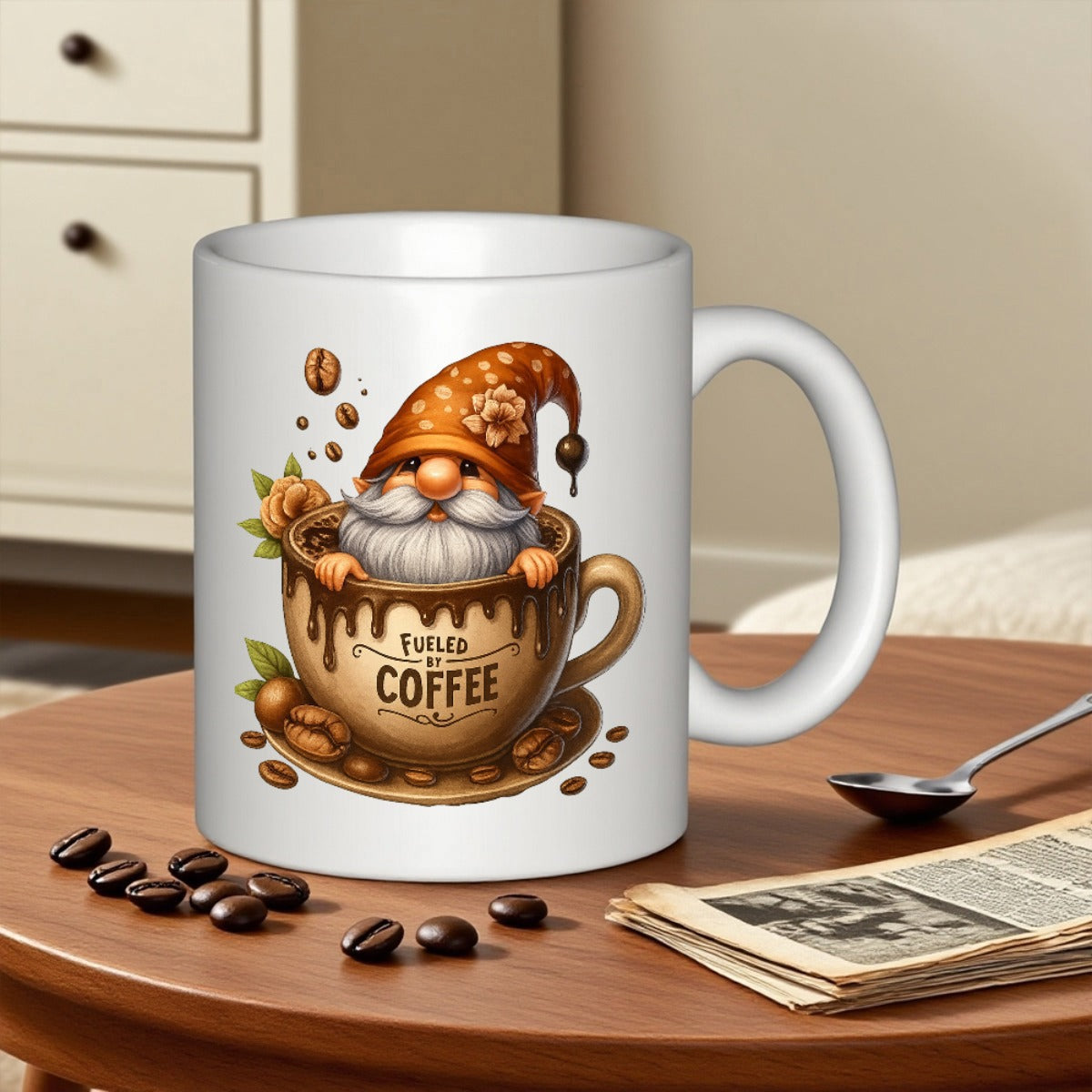 Tailorly White Ceramic 11 oz Mug - Fueled By Coffee Cute Bearded Garden Gnome Sitting Inside A Warm Coffee Cup Gnome