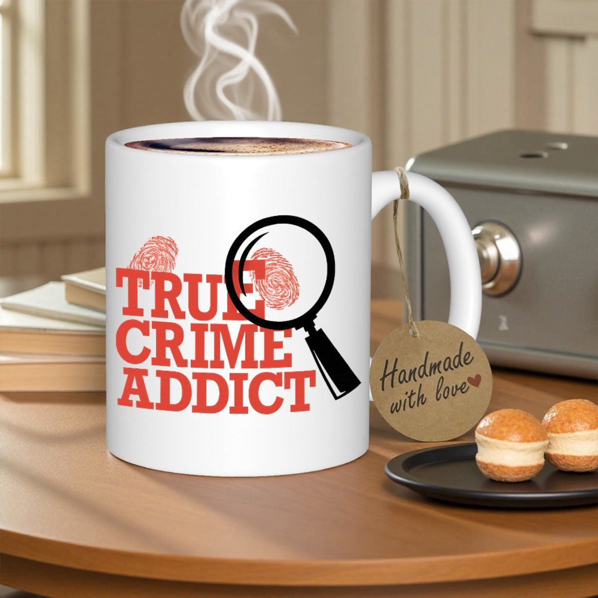Tailorly White Ceramic 11 oz Mug - True Crime Addict Minimalist White Background With Red Fingerprints And Sturdy Magnifying Glass Mug