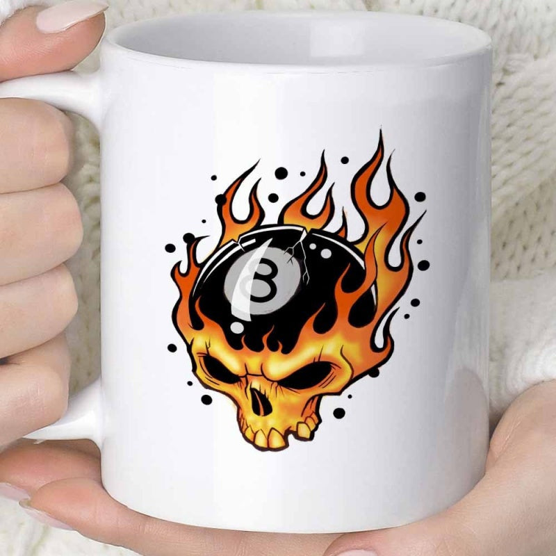 Tailorly White Ceramic 11 oz Mug - Vibrant Fiery Flames Wrapped Around A Cracked Black Billiard Ball Skull
