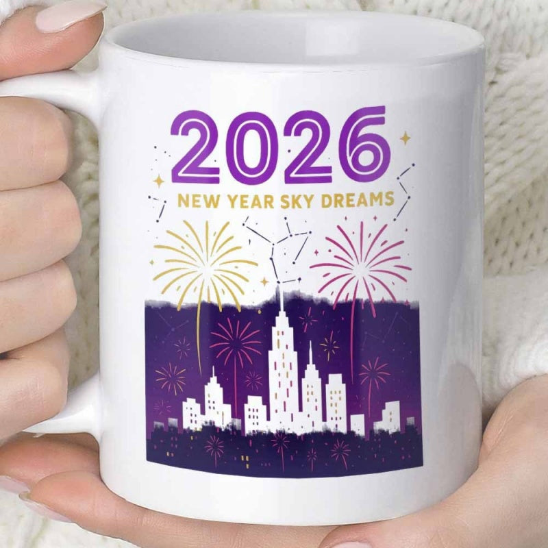 Tailorly White Ceramic 11 oz Mug - 2026 New Year Sky Dreams Bright Festive Fireworks Exploding Over A Glowing Night Urban Cityscape