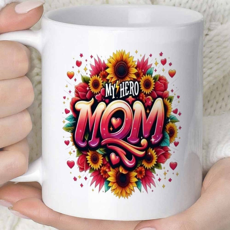 Tailorly White Ceramic 11 oz Mug - My Hero Mom Vibrant Sunflowers And Pink Roses Among Elegant Floating Hearts Floral Pattern