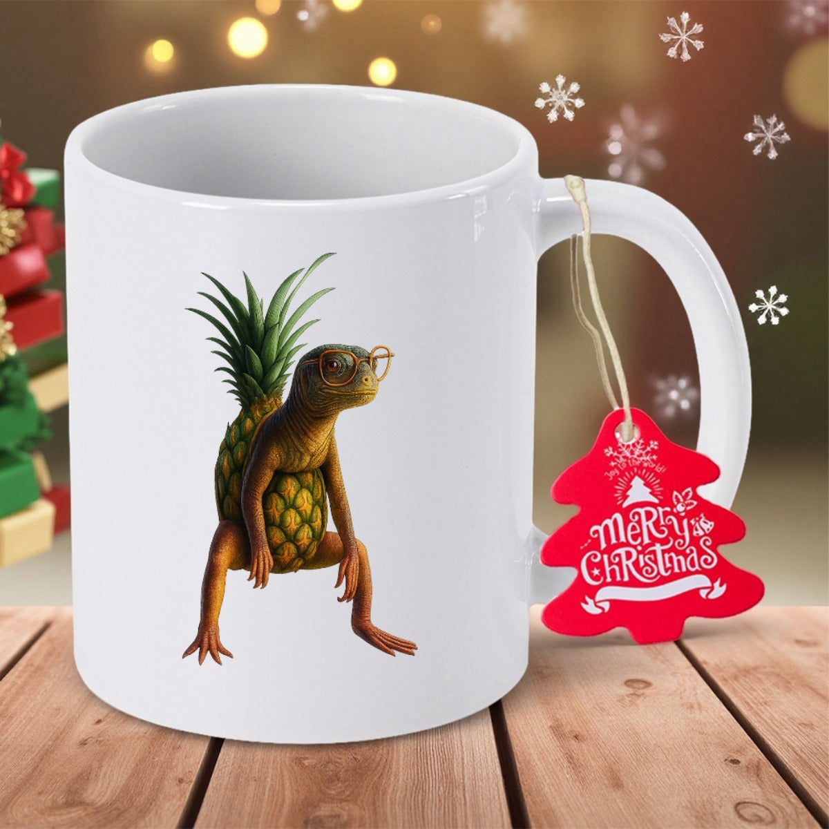 Tailorly White Ceramic 11 oz Mug - Merry Christmas Whimsical Pineapple Hybrid Reptile Wearing Glasses Sitting Peacefully On White Creature